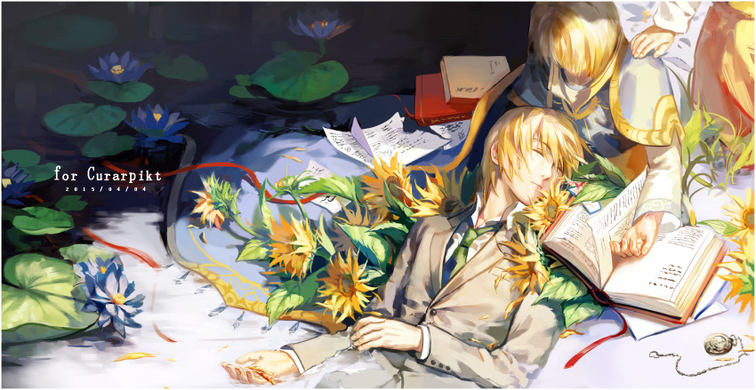 2boys blonde_hair book closed_eyes dated dual_persona fancybetty flower formal hand_on_another's_shoulder hunter_x_hunter kurapika lap_pillow lily_pad lying male_focus multiple_boys necktie on_back partially_submerged pocket_watch sitting sunflower watch water