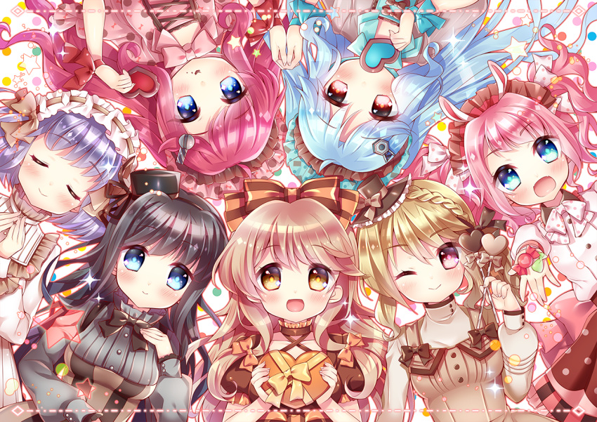 6+girls :&gt; :d ;) black_hair blonde_hair blue_eyes blue_hair blush bow bowtie box braid brown_hair candy character_request chocolate chocolate_heart closed_eyes fangs gift gift_box hair_bow hair_ornament hairband hands_together hat heart hinabita holding izumi_ibuki lolita_hairband long_hair long_sleeves looking_at_viewer meu_meu mini_hat mini_top_hat multiple_girls natsume_asato one_eye_closed open_mouth outstretched_arm pink_hair polka_dot polka_dot_bow puffy_sleeves purple_hair red_eyes ribbon shinonome_kokona shinonome_natsuhi short_hair short_sleeves smile sparkle star striped striped_bow symbol-shaped_pupils top_hat two_side_up wrist_ribbon yellow_eyes