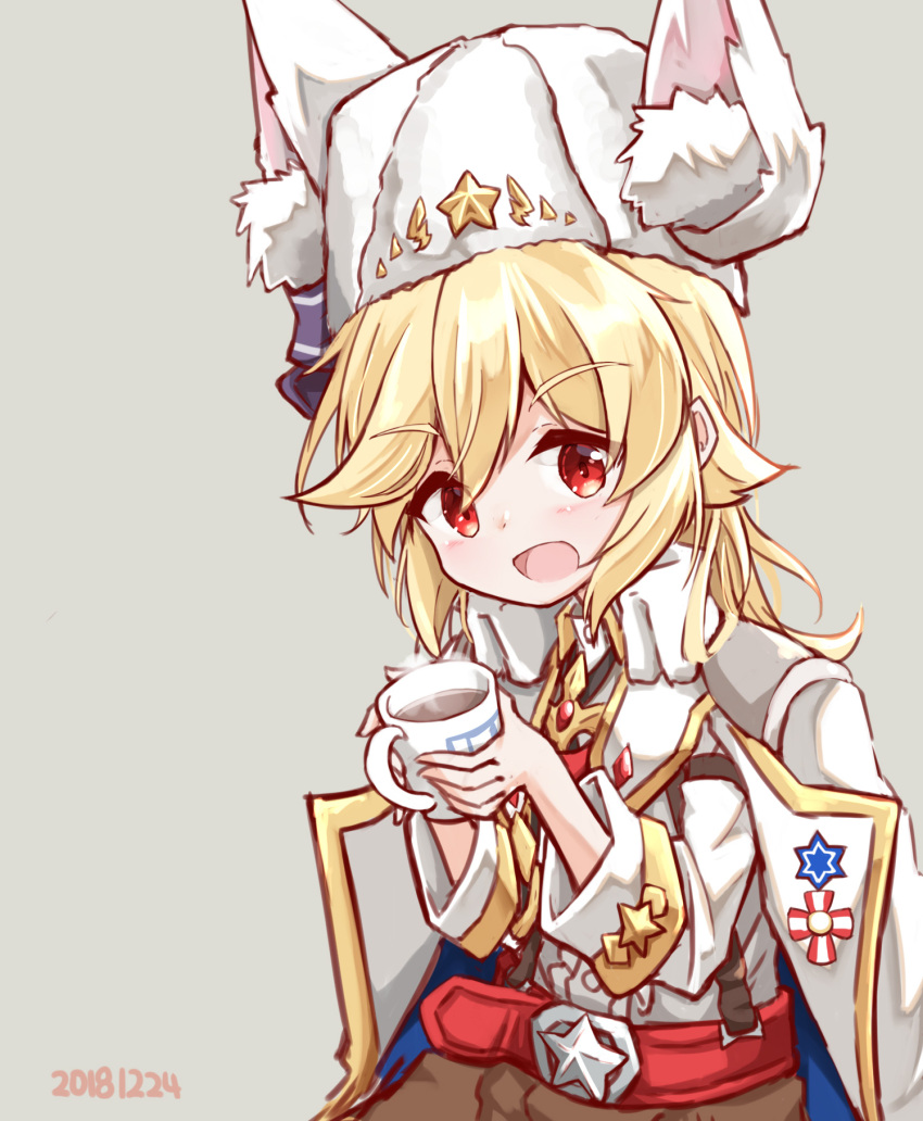 1girl animal_ear_fluff animal_ears bangs belt belt_buckle blonde_hair blush brown_shorts buckle center_frills cup dated eyebrows_visible_through_hair frills fur_hat girls_frontline grey_background hair_between_eyes hat head_tilt highres holding holding_cup jacket jacket_on_shoulders long_hair looking_at_viewer matsuo_(matuonoie) mug nagant_revolver_(girls_frontline) red_belt red_eyes shirt shorts simple_background solo star steam white_hat white_jacket white_shirt