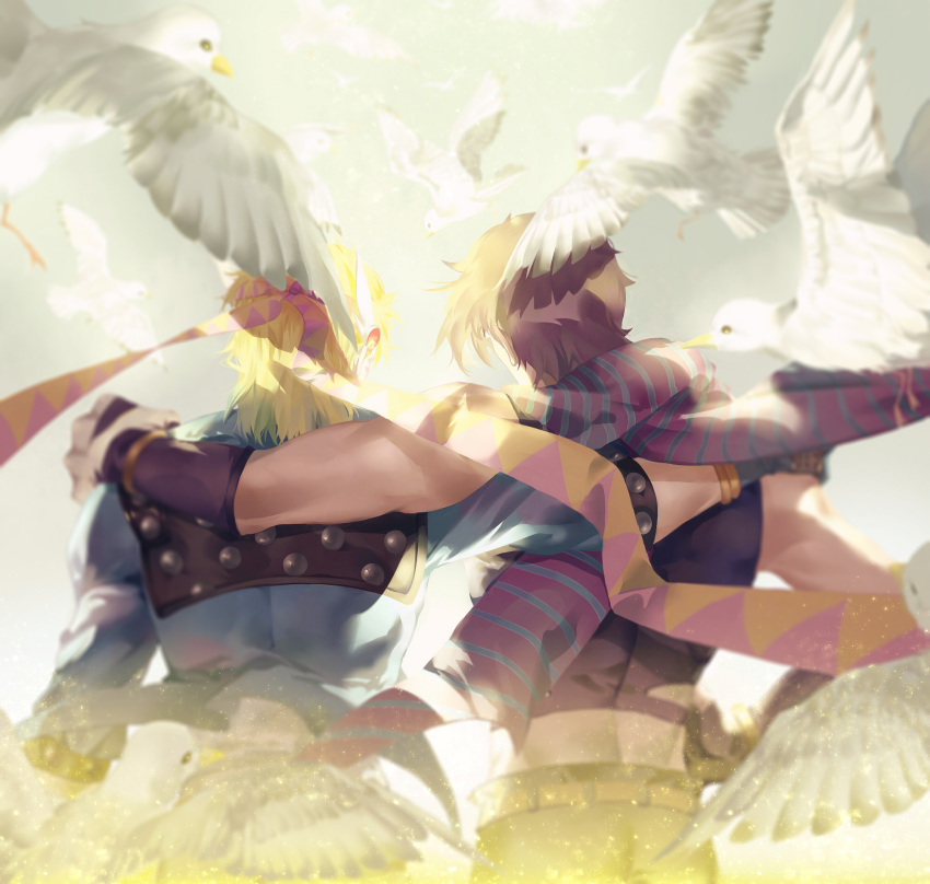 2boys arm_around_shoulder bird blonde_hair brown_hair caesar_anthonio_zeppeli dama_(sindygao) from_behind headband highres jojo_no_kimyou_na_bouken joseph_joestar_(young) midriff multiple_boys scarf