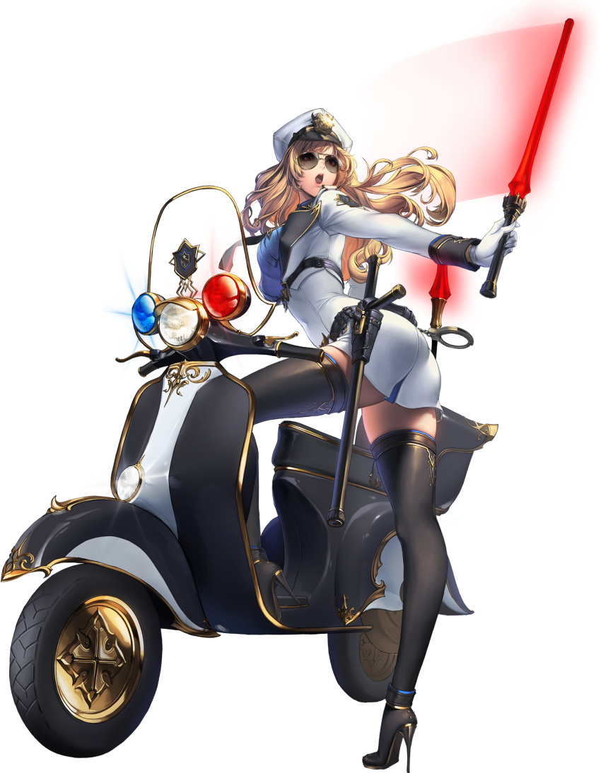 1girl alpha_transparency aviator_glasses baton belt black_legwear blonde_hair chaos_online cuffs edelyn gloves handcuffs hat high_heels highres holding long_hair love_cacao moped necktie official_art open_mouth police police_hat police_uniform red_eyes simple_background solo stiletto_heels sunglasses thigh-highs translated transparent_background uniform white_gloves zettai_ryouiki