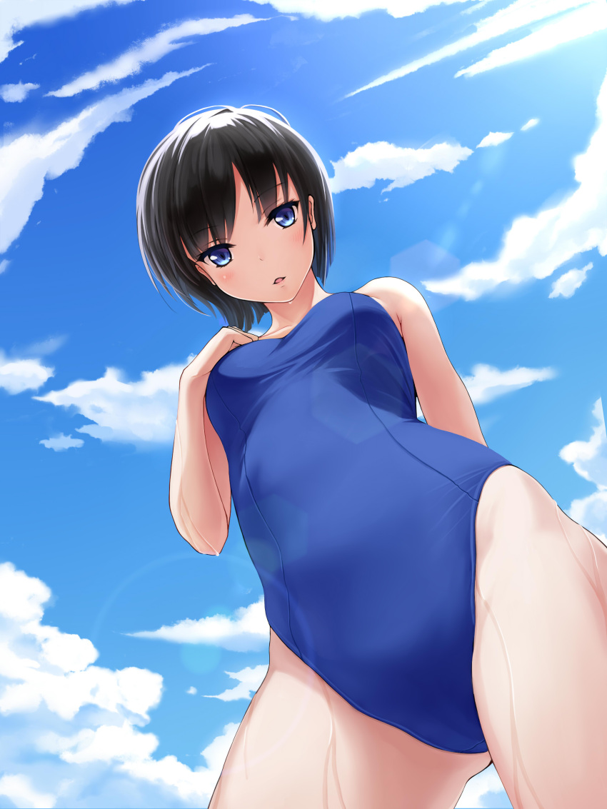 1girl absurdres black_hair blue_eyes clouds contrapposto cowboy_shot foreshortening from_below highleg highres kano_sakurai lens_flare looking_at_viewer open_mouth original school_swimsuit short_hair sky solo swimsuit wet