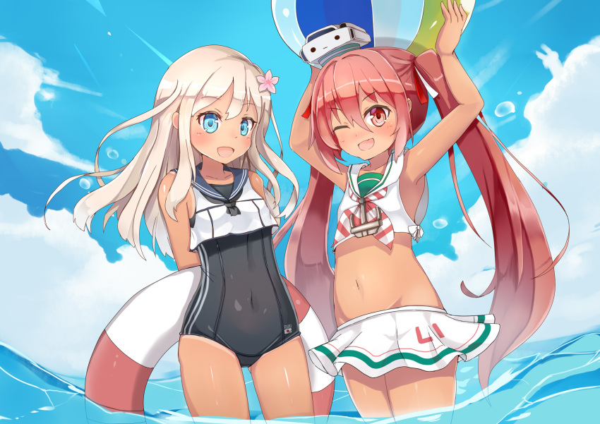 2girls armpits arms_behind_back arms_up ball beachball blue_eyes brown_eyes brown_hair clouds covered_navel crop_top dark_skin flower hair_flower hair_ornament hakokon hat highres kantai_collection libeccio_(kantai_collection) lifebuoy long_hair midriff miniskirt multiple_girls navel one_eye_closed open_mouth ribbon ro-500_(kantai_collection) school_swimsuit skirt sky sleeveless smile swimsuit tan tanline twintails wading water