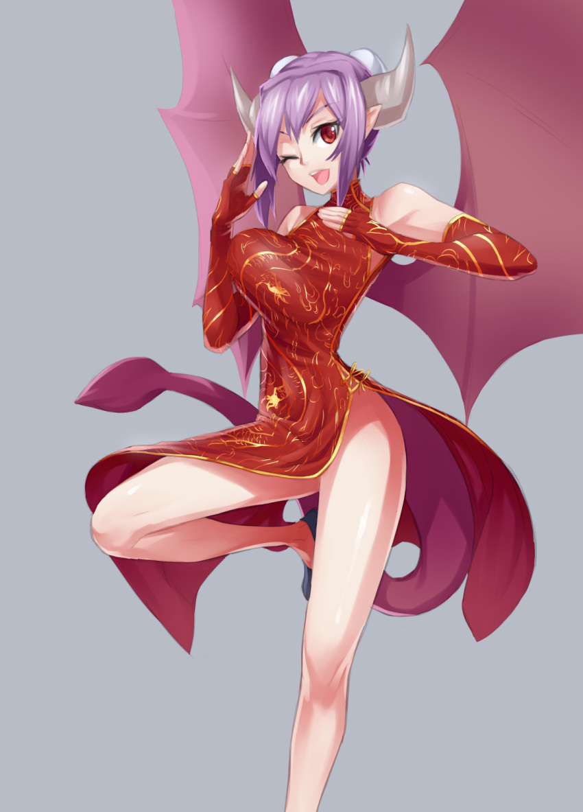 1girl ;) alma_elma bare_shoulders bouncing_breasts breasts china_dress chinese_clothes demon_girl demon_horns demon_wings dress elbow_gloves fingerless_gloves flats full_body gloves grey_background halterneck highres horns jiffic large_breasts mon-musu_quest! one_eye_closed purple_hair red_dress red_eyes red_gloves short_hair side_slit smile solo succubus unaligned_breasts wings