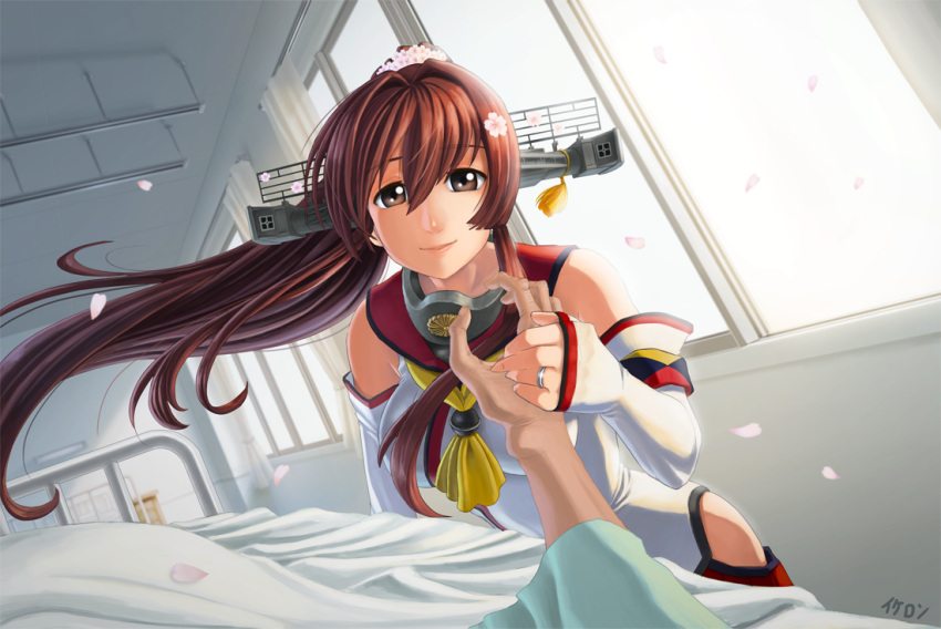 1girl bed brown_eyes brown_hair cherry_blossoms detached_sleeves flower hair_flower hair_ornament holding_hands hospital_bed ikeron jewelry kantai_collection kikumon long_hair petals ponytail pov ring smile solo_focus wedding_band yamato_(kantai_collection)