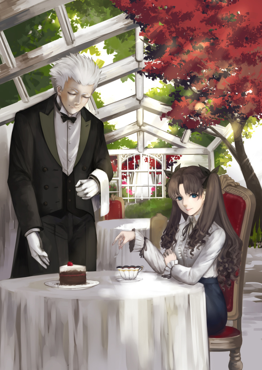 1boy 1girl absurdres archer fate/stay_night fate_(series) highres l'epice sitting toosaka_rin tuxedo two_side_up waiter white_hair