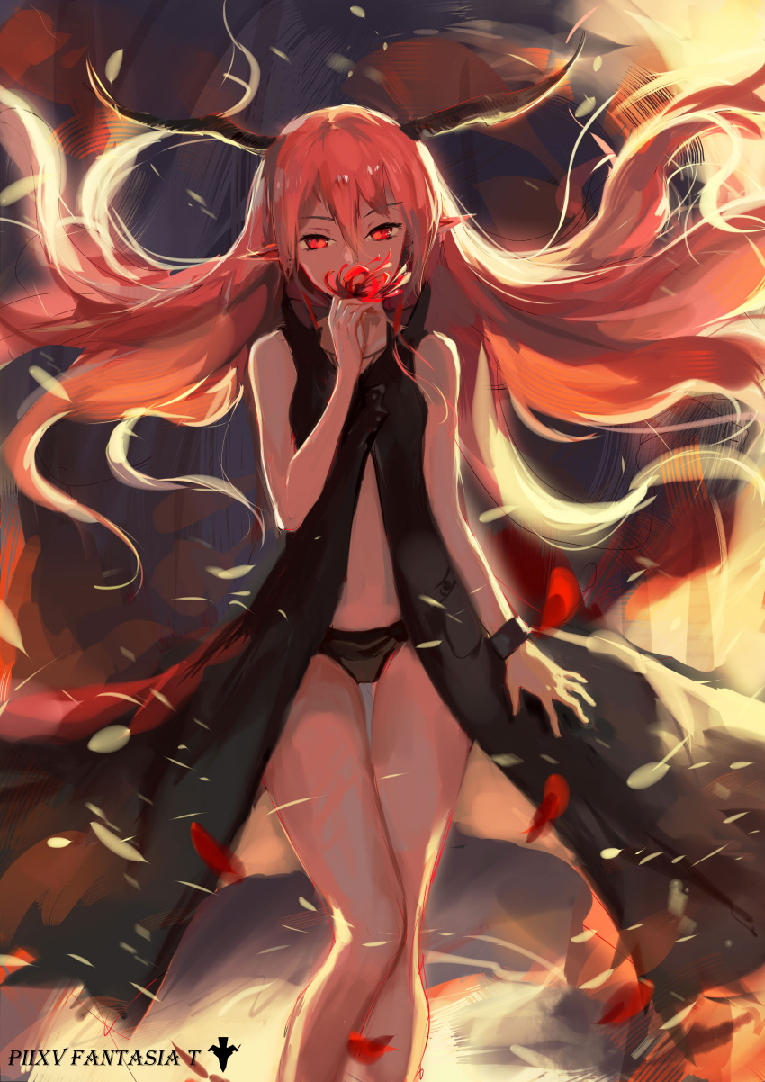 1girl absurdres bare_arms bare_legs bare_shoulders black_dress black_panties bracelet demon_girl demon_horns dress female flower highres horns jewelry long_hair looking_at_viewer midriff open_clothes open_dress original panties petals pixiv_fantasia pixiv_fantasia_t pointy_ears red_eyes redhead sishenfan sleeveless sleeveless_dress smelling_flower solo spider_lily thigh_gap underwear very_long_hair wind