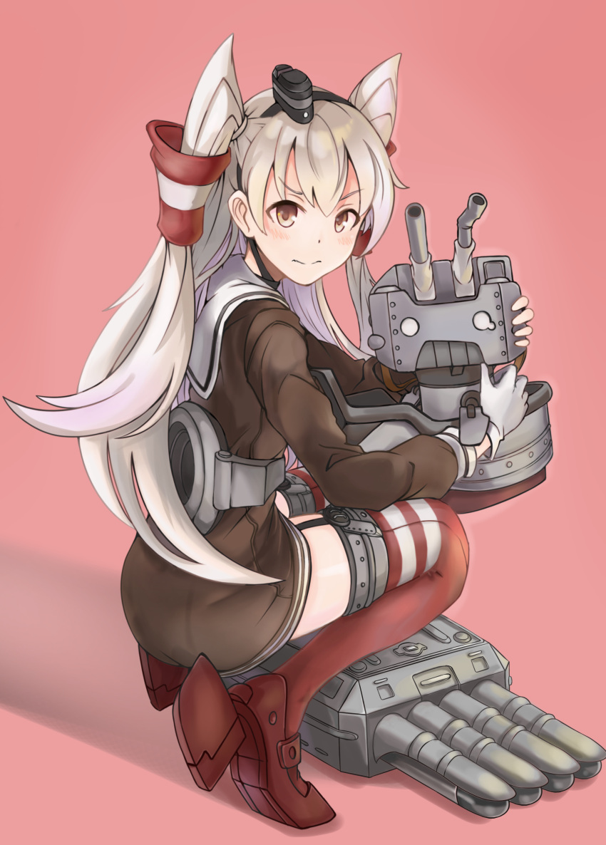 1girl absurdres amatsukaze_(kantai_collection) blush brown_eyes damaged dress full_body garter_straps gloves hair_tubes highres holding kantai_collection long_hair long_sleeves looking_at_viewer looking_to_the_side natsu_(lilywai0981856227) rensouhou-kun sailor_dress short_dress silver_hair simple_background single_glove solo squatting striped striped_legwear thigh-highs two_side_up white_gloves windsock