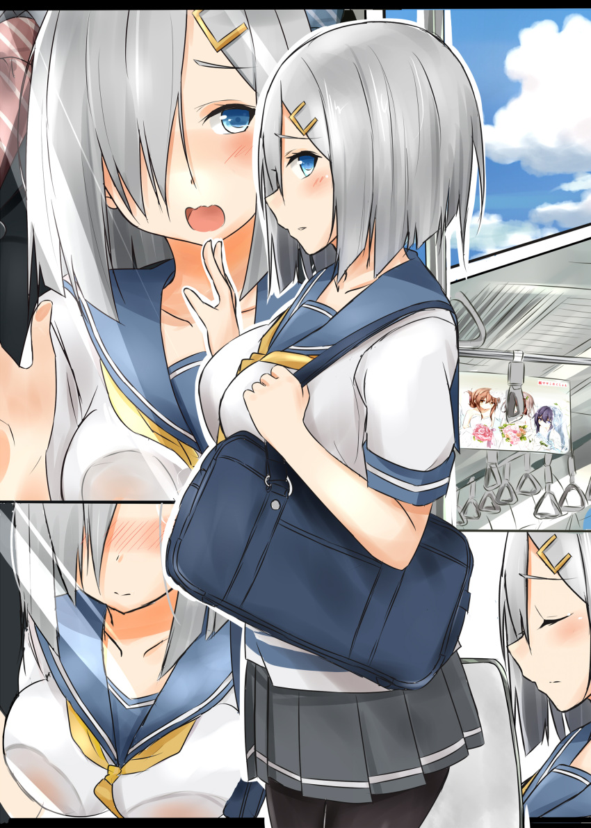 1girl absurdres against_glass akatsuki_(kantai_collection) bag black_hair blue_eyes blush bouquet breasts brown_hair closed_eyes commentary_request flower folded_ponytail hair_ornament hair_over_one_eye hairclip hamakaze_(kantai_collection) hibiki_(kantai_collection) highres ikazuchi_(kantai_collection) inazuma_(kantai_collection) jewelry kantai_collection neckerchief open_mouth ring saku_(kudrove) school_uniform serafuku short_hair shoulder_bag silver_hair skirt skirt_set solo wedding_band