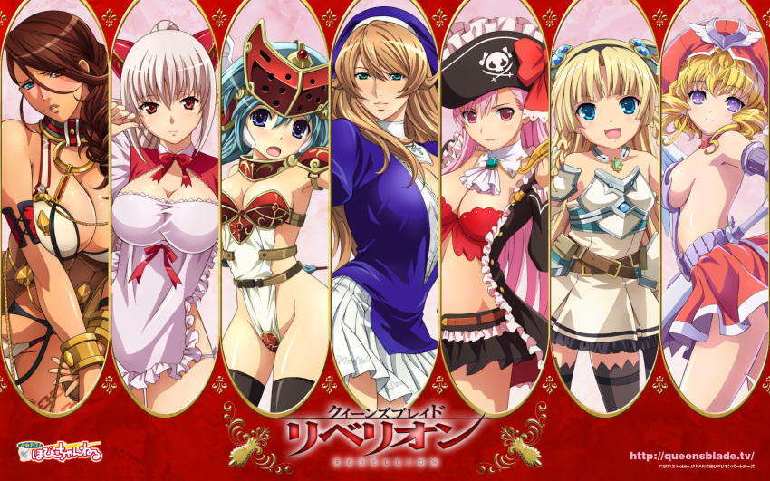 6+girls aldra_(queen's_blade) artist_request blonde_hair blue_eyes branwen breasts captain_liliana copyright_name cross hat heterochromia highres jewelry laila_(queen's_blade) mirim multiple_girls necklace official_art pink_hair pirate_hat queen's_blade queen's_blade_rebellion short_hair sigui_(queen's_blade) skull_and_crossbones smile thigh-highs violet_eyes wallpaper winged_hat