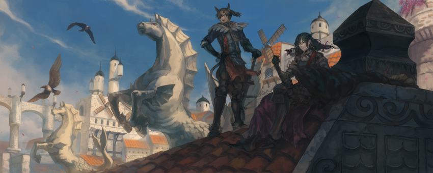 2boys animal_ears animal_on_shoulder armor bird bird_on_shoulder black_hair blue_eyes braid brown_hair clouds earrings eyepatch flower hair_ribbon hand_on_hilt hand_on_hip highres jewelry long_hair multiple_boys oca open_mouth outdoors petals pixiv_fantasia pixiv_fantasia_t pointy_ears red_eyes ribbon sewing short_hair sitting standing statue tile_roof weapon