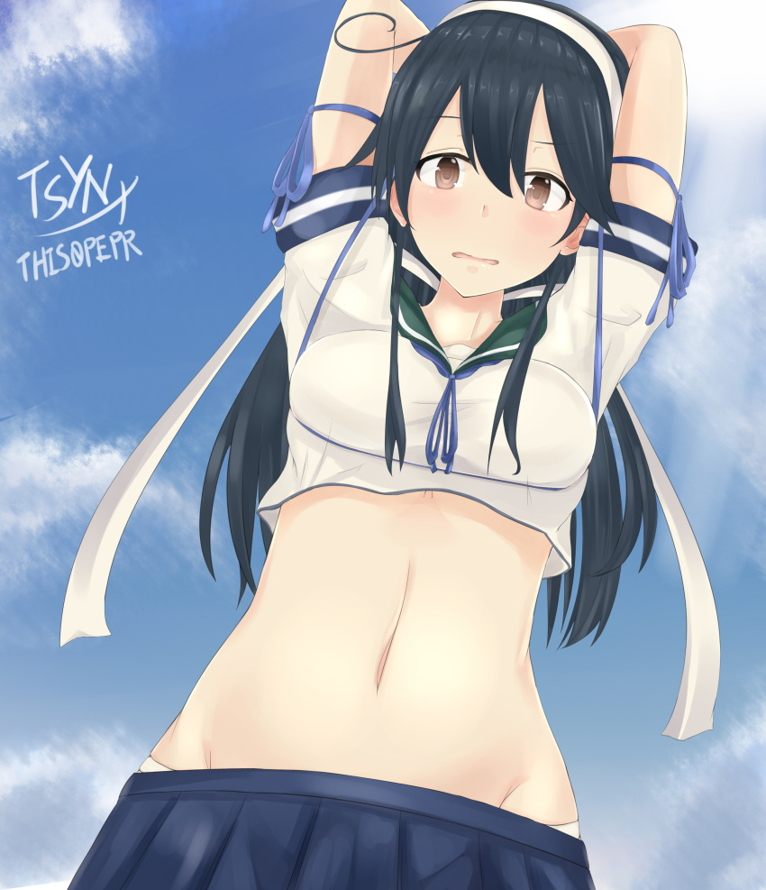 1girl absurdres ahoge arms_behind_head artist_name black_hair black_legwear blue_sky blush breasts brown_eyes clouds crop_top highres kantai_collection large_breasts long_hair looking_at_viewer looking_down navel open_mouth outdoors panties pleated_skirt rei_no_himo school_uniform serafuku short_sleeves signature skirt sky solo tsyn underwear upper_body ushio_(kantai_collection) white_panties
