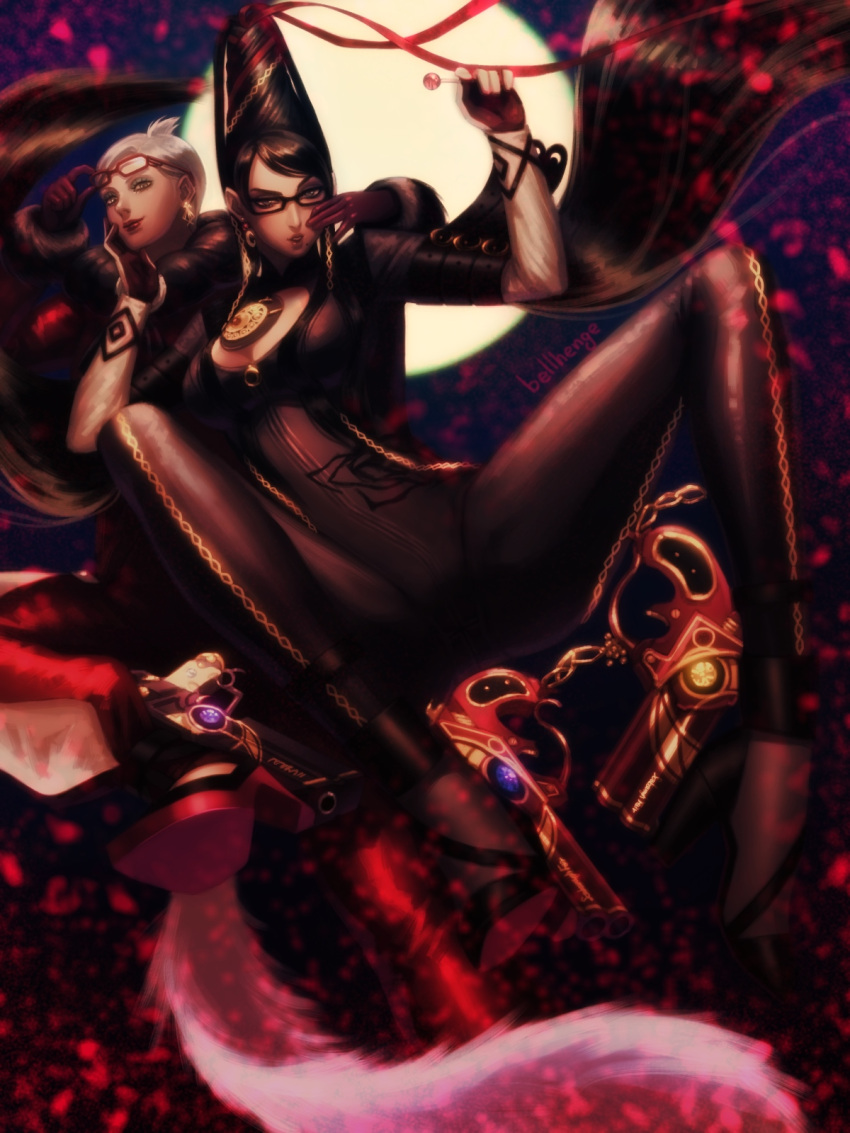 2girls adjusting_glasses amulet ankle_gun bayonetta bayonetta_(character) beehive_hairdo bellhenge black_hair blue_eyes bodysuit breasts candy cleavage cleavage_cutout earrings full_body full_moon glasses hair_ribbon hand_on_another's_chin highres jeanne_(bayonetta) jewelry large_breasts light_smile lips lipstick lollipop long_hair long_legs makeup mole moon multiple_girls nose red-framed_glasses ribbon short_hair spread_legs white_hair