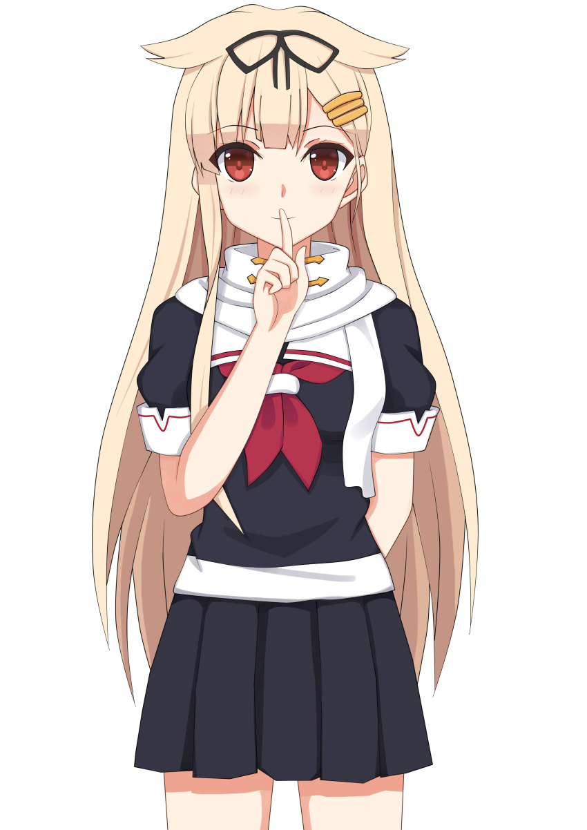 1girl absurdres blonde_hair female finger_to_mouth hair_flaps hair_ornament hair_ribbon hairclip highres kantai_collection light_smile long_hair looking_at_viewer red_eyes remodel_(kantai_collection) ribbon school_uniform serafuku simple_background skirt solo unscpro white_background yuudachi_(kantai_collection)