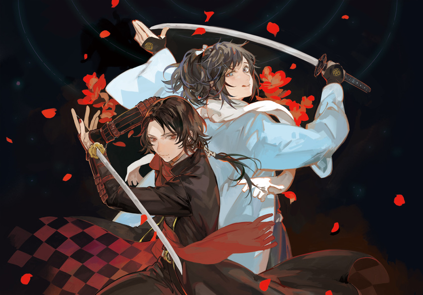 2boys :q black_hair blue_eyes brown_hair flower haori japanese_clothes kashuu_kiyomitsu male_focus mole mole_under_eye mole_under_mouth multiple_boys nail_polish noir_(ibaraki) petals ponytail red_eyes scarf shinsengumi smile sword tongue tongue_out touken_ranbu uchigatana uneven_eyes weapon yamato-no-kami_yasusada