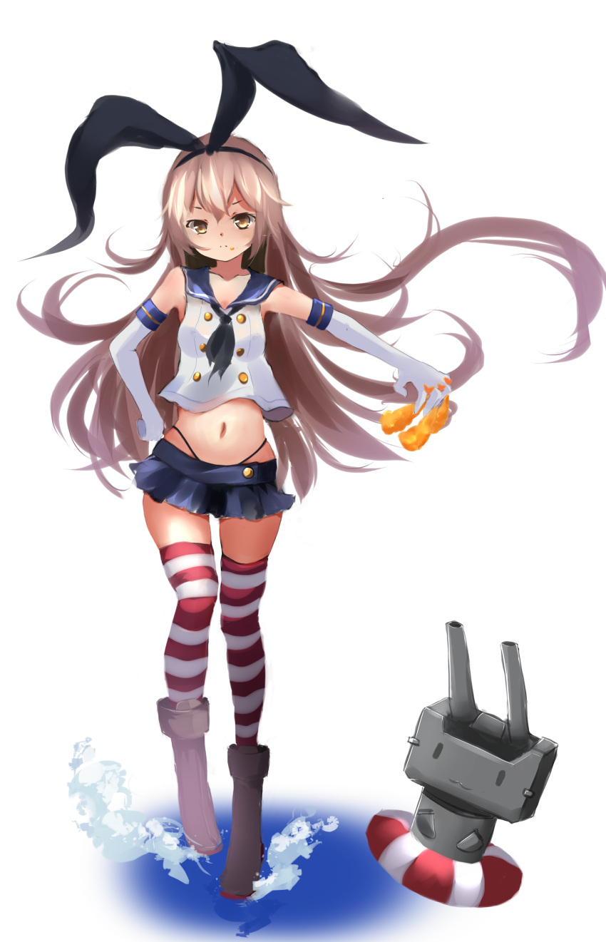 1girl absurdres bare_shoulders between_fingers blue_background boots bow brown_eyes crop_top crop_top_overhang elbow_gloves food food_on_face full_body gloves hair_bow hairband hand_on_hip hantai highres kantai_collection long_hair looking_at_viewer microskirt midriff navel neckerchief pleated_skirt rensouhou-chan sailor_collar shimakaze_(kantai_collection) simple_background skirt striped striped_legwear tempura thigh-highs white_background white_gloves zettai_ryouiki