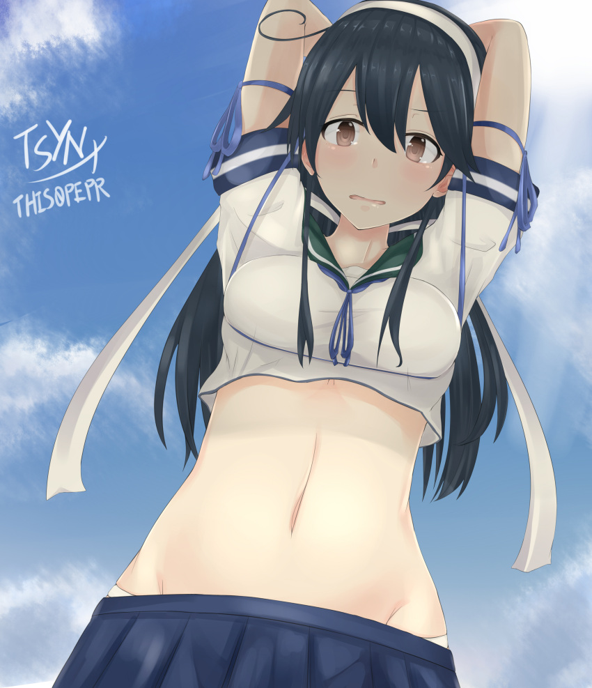 1girl absurdres ahoge arms_behind_head artist_name black_hair black_legwear blue_sky blush breasts brown_eyes clouds crop_top highres kantai_collection large_breasts long_hair looking_at_viewer looking_down navel open_mouth outdoors panties pleated_skirt rei_no_himo school_uniform serafuku shadow short_sleeves signature skirt sky solo tsyn underwear upper_body ushio_(kantai_collection) white_panties