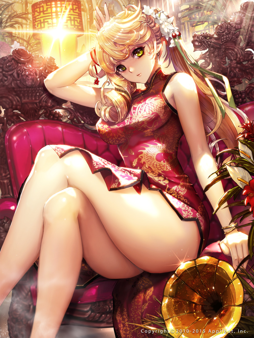 1girl blonde_hair blush breasts chair china_dress chinese_clothes crossed_legs dragon_print earrings flower furyou_michi_~gang_road~ green_eyes hair_flower hair_ornament highres jewelry long_hair looking_at_viewer ponytail sitting solo xaxak