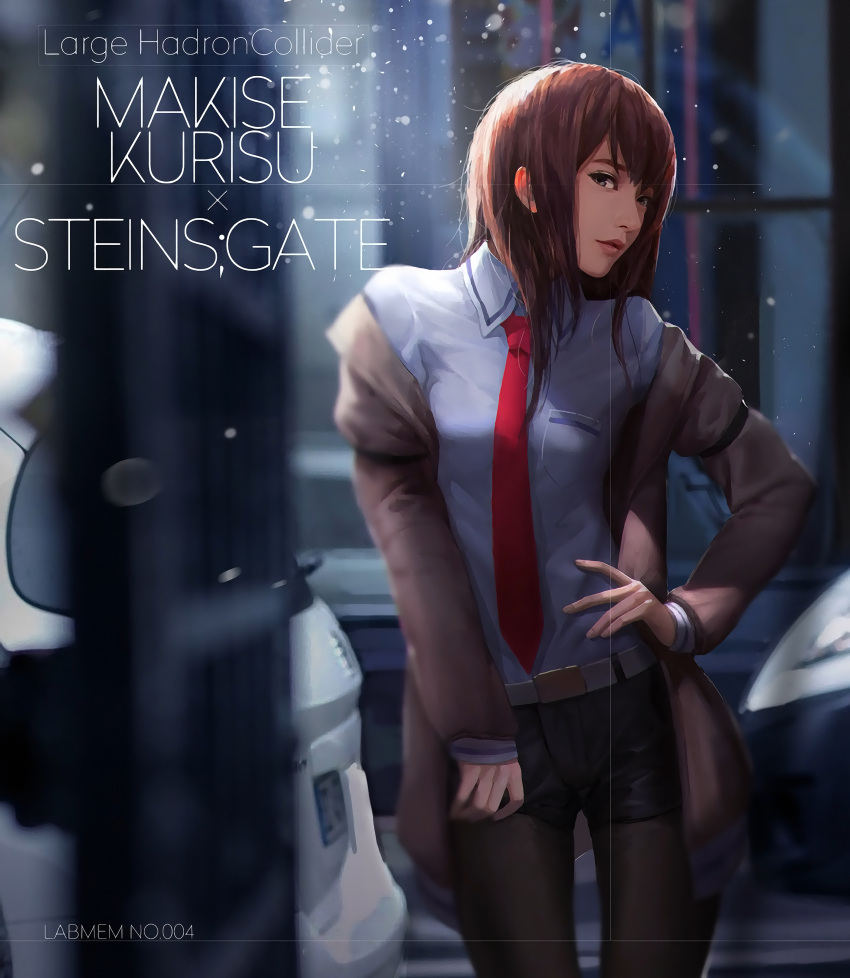 1girl absurdres arms_at_sides belt blue_eyes brown_hair highres jacket long_hair makise_kurisu necktie pantyhose shorts smile solo steins;gate