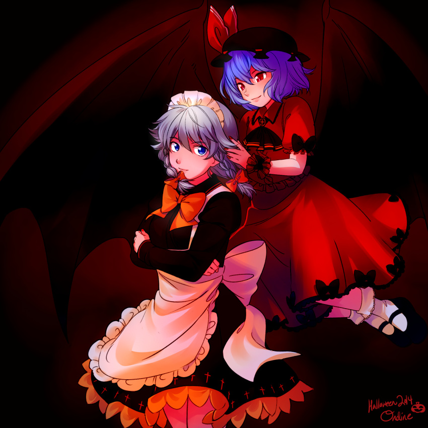 2girls alternate_costume apron arm_warmers blue_eyes braid cross crossed_arms dated dress halloween highres izayoi_sakuya lavender_hair looking_at_viewer magical_ondine maid maid_apron maid_headdress mary_janes multiple_girls nail_polish red_dress red_eyes remilia_scarlet ruffled_cuffs ruffled_sleeves shoes short_hair signature silver_hair socks touhou twin_braids