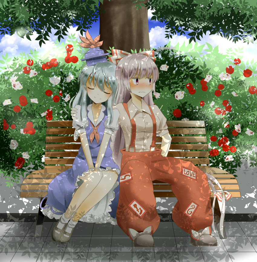 2girls absurdres arm_around_shoulder blue_dress blue_sky blush bow closed_eyes clouds commentary_request dappled_sunlight dress flower fujiwara_no_mokou hair_bow hair_ribbon hat highres indo_(mdtanaka2007) kamishirasawa_keine leaning_on_person long_hair multiple_girls neckerchief ofuda pants puffy_short_sleeves puffy_sleeves red_eyes ribbon shirt short_sleeves silver_hair sky smile suspenders tile_floor tiles touhou tree tress_ribbon v_arms very_long_hair wavy_mouth yuri