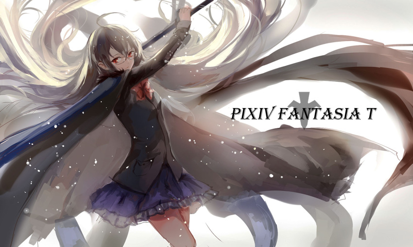 1girl absurdly_long_hair backless_outfit black_hair bow cape commentary glasses highres jacket katana long_hair long_sleeves looking_at_viewer original pixiv_fantasia pixiv_fantasia_t red_eyes school_uniform shirt sishenfan skirt solo sword very_long_hair weapon wind