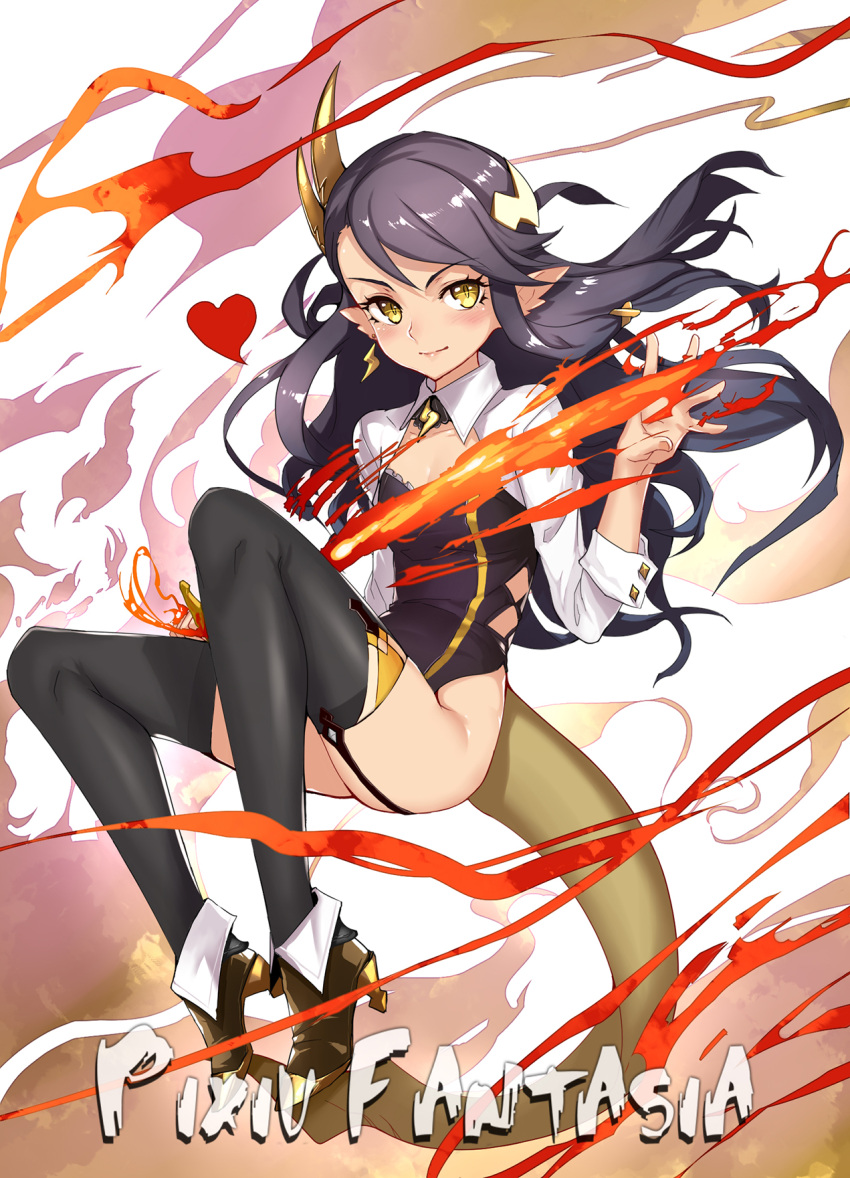 1girl bangs black_hair black_legwear blush breasts cleavage cleavage_cutout flame full_body garter_straps hair_ornament heart high_heels highres horn jewelry leotard long_hair looking_at_viewer payot pixiv_fantasia pixiv_fantasia_t pointy_ears realmbw single_earring small_breasts smile solo swept_bangs tail thigh-highs yellow_eyes