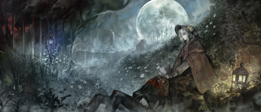 1boy 1girl alcd artist_name ascot blood bloodborne bloody_clothes bonnet bush cape commentary dark dated death doll doll_joints dress fence flower fog grass grave graveyard green_eyes grey_hair highres injury lantern lying_on_person monster moon night pale_skin plain_doll scenery signature smile