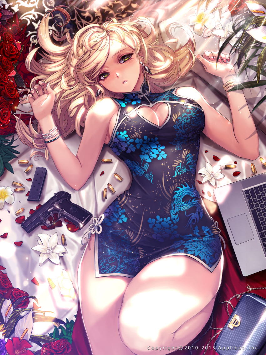 1girl bag blonde_hair blush bracelet breasts cartridge china_dress chinese_clothes cleavage cleavage_cutout computer earrings flower furyou_michi_~gang_road~ gun handbag handgun heart_cutout highres jewelry laptop large_breasts long_hair looking_at_viewer lying magazine_(weapon) on_back original petals rose rose_petals solo thighs weapon xaxak yellow_eyes