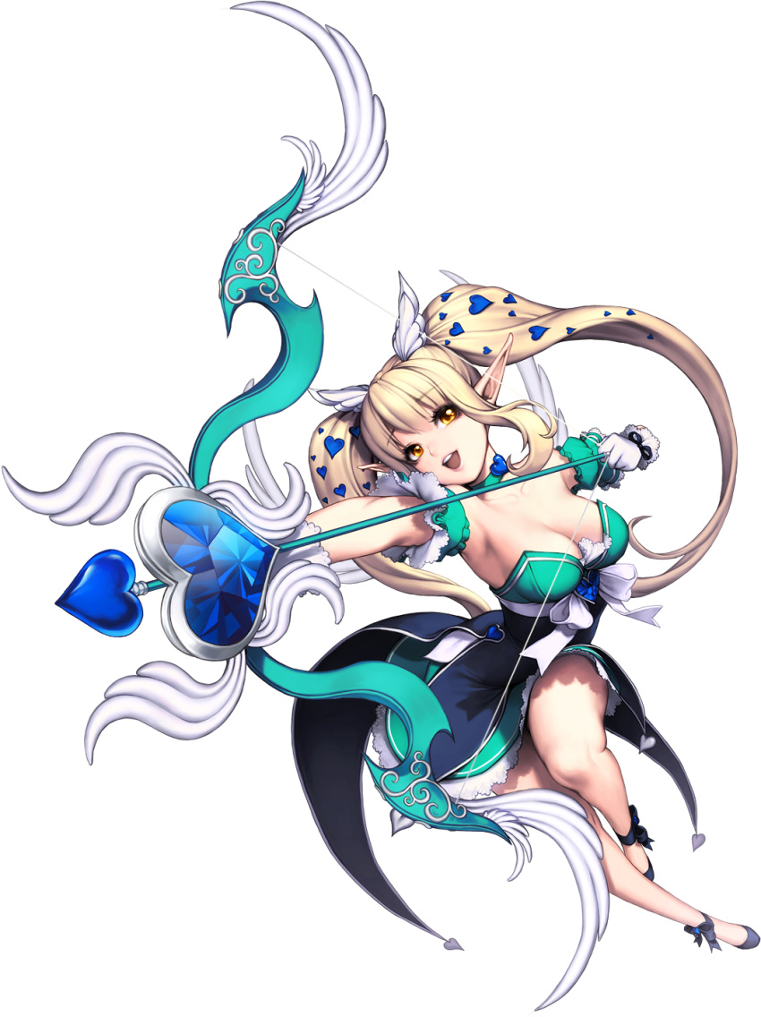 1girl :d blonde_hair bow_(weapon) breasts chaos_online darae full_body heart highres long_hair love_cacao official_art open_mouth pointy_ears simple_background smile solo transparent_background twintails very_long_hair weapon yellow_eyes