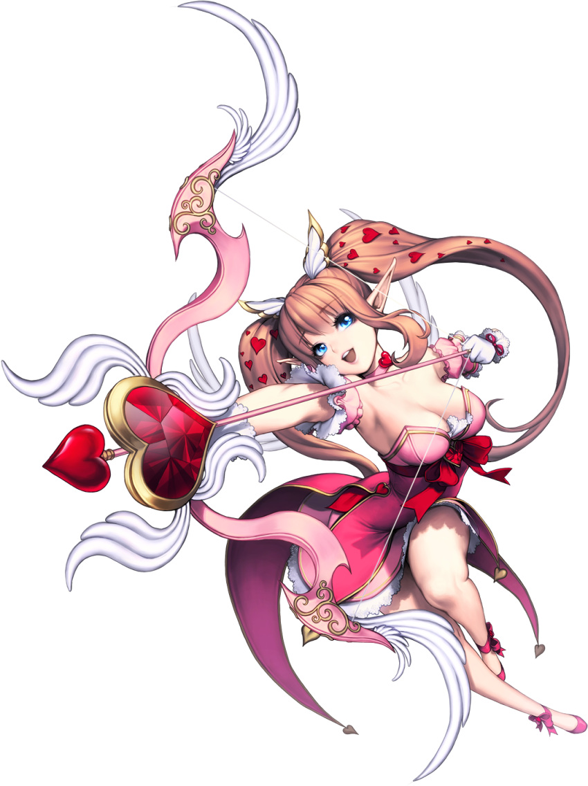 1girl :d blue_eyes bow_(weapon) breasts brown_hair chaos_online darae full_body heart highres long_hair love_cacao official_art open_mouth pointy_ears simple_background smile solo transparent_background twintails very_long_hair weapon