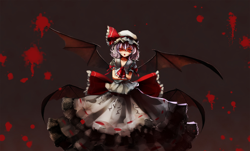 1girl ascot bat_wings crossed_arms dress fangs hantai highres lavender_hair looking_at_viewer mob_cap open_mouth pink_dress red_eyes remilia_scarlet short_hair slit_pupils solo touhou wings