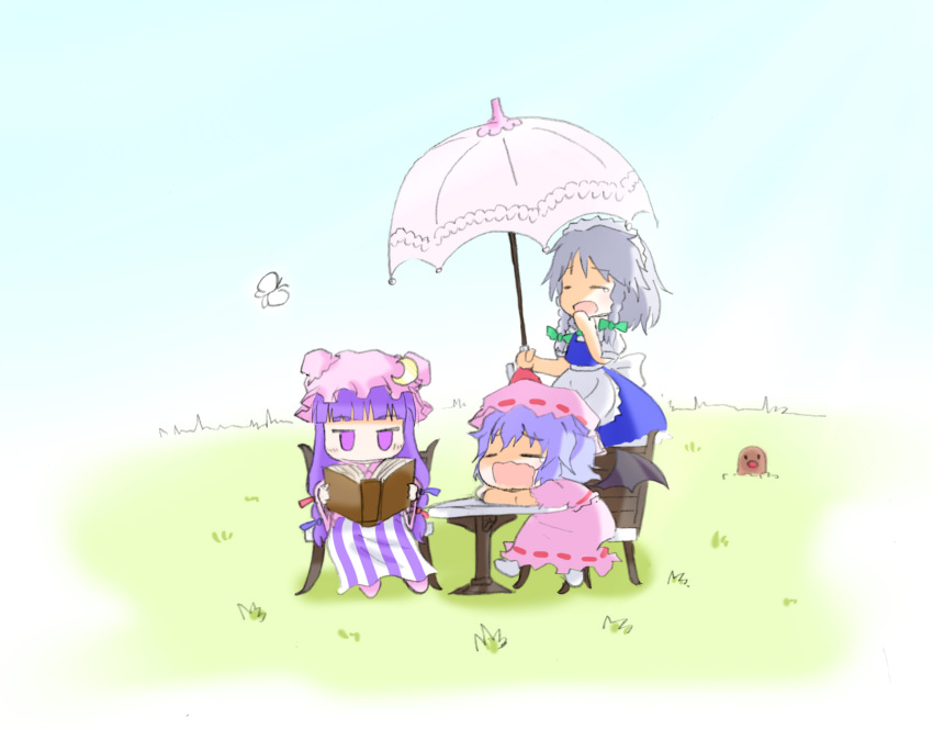 3girls arinu bat_wings blue_hair blue_ribbon book braid butterfly closed_eyes commentary_request crescent diglett green_ribbon grey_hair hair_ribbon highres izayoi_sakuya long_hair mob_cap multiple_girls open_mouth pajamas patchouli_knowledge pokemon purple_hair red_ribbon remilia_scarlet ribbon short_hair striped striped_pajamas touhou twin_braids umbrella violet_eyes wavy_mouth wings yawning