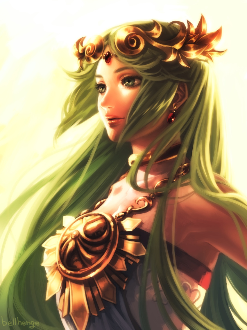 1girl backlighting bare_shoulders bellhenge choker green_eyes green_hair highres jewelry kid_icarus kid_icarus_uprising lips long_hair necklace nose palutena smile solo tiara toga upper_body very_long_hair