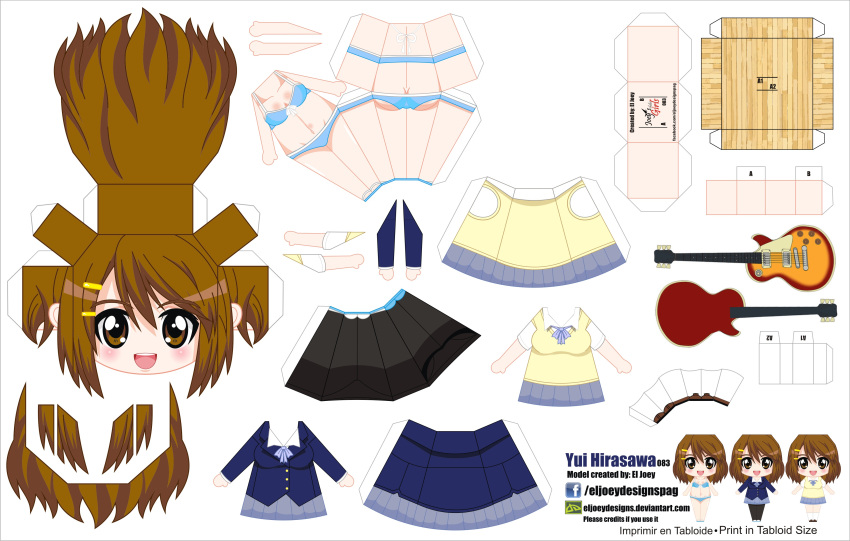 1girl :d absurdres artist_name bikini blue_bikini breasts brown_eyes brown_hair character_name chibi el_joey electric_guitar guitar hair_ornament hairclip highres hirasawa_yui instrument k-on! open_mouth paper_cut-out papercraft school_uniform skirt smile solo swimsuit watermark web_address