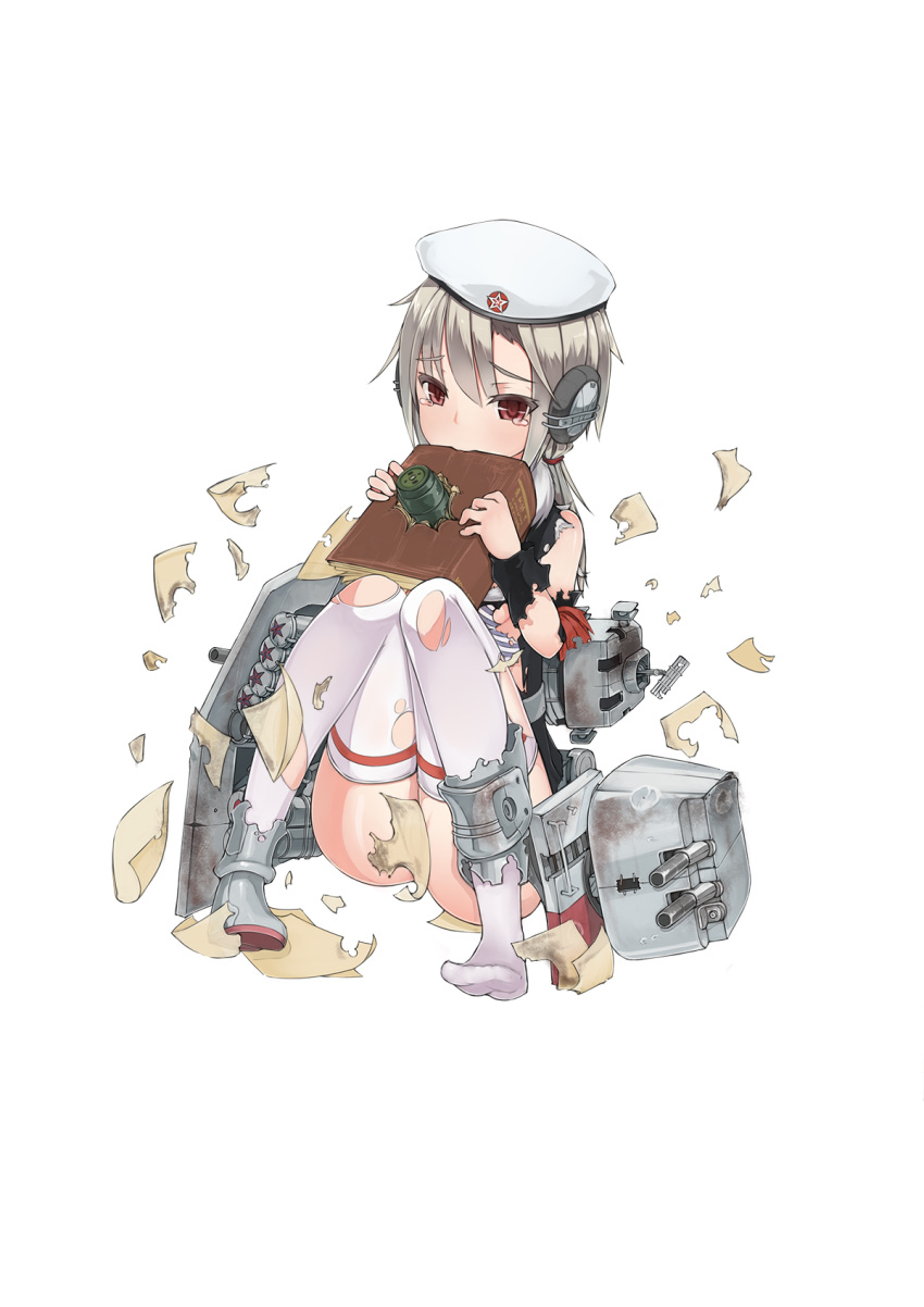 blush book chewing crying dent dirt hibiki_(warship_girls_r) highres kantai_collection mecha_musume original paper personification short_hair stmaster thigh-highs torn_clothes torn_thighhighs verniy_(warship_girls_r) warship_girls_r