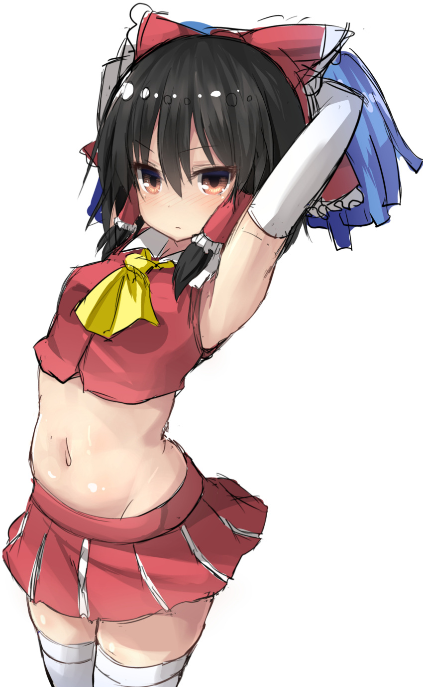 1girl 5240mosu adapted_costume alternate_costume armpits arms_up ascot bare_shoulders blush bow brown_eyes brown_hair cheerleader cowboy_shot crop_top dress elbow_gloves embarrassed gloves hair_between_eyes hair_bow hair_ornament hair_tubes hakurei_reimu highres looking_at_viewer midriff mound_of_venus navel orange_eyes plaid plaid_skirt pom_poms red_dress red_skirt shirt short_hair showing_armpits simple_background sketch skirt skirt_set sleeveless sleeveless_shirt solo thigh-highs touhou white_background white_gloves white_legwear zettai_ryouiki
