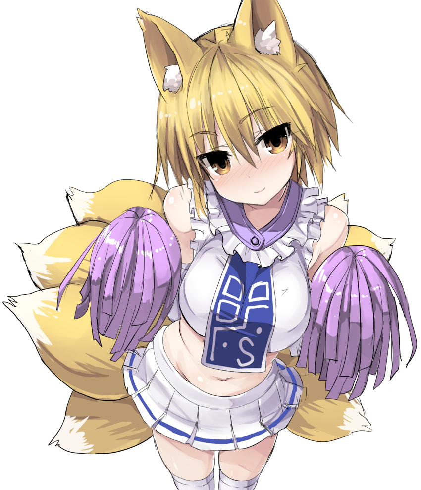 1girl 5240mosu adapted_costume alternate_costume animal_ears bare_shoulders blonde_hair blush breasts cheerleader cowboy_shot crop_top dress elbow_gloves fox_ears fox_tail frills gloves hair_between_eyes highres large_breasts light_smile looking_at_viewer midriff miniskirt mound_of_venus multiple_tails navel no_hat no_headwear plaid plaid_skirt pom_poms shirt short_hair simple_background skirt skirt_set sleeveless sleeveless_shirt smile solo tail thigh-highs touhou white_background white_gloves white_legwear white_shirt yakumo_ran yellow_eyes zettai_ryouiki