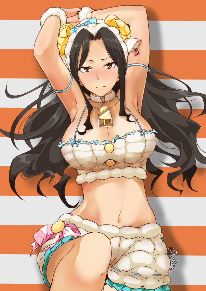 1girl animal_costume armpits arms_up bell bell_collar black_hair blush breasts brown_eyes cleavage collar cow_bell earrings highres horns idolmaster idolmaster_cinderella_girls jewelry large_breasts long_hair looking_at_viewer midriff mukai_takumi navel sheep_costume sheep_horns smile solo youhei_(testament)