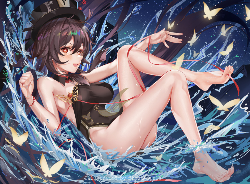 1girl bare_arms bare_legs bare_shoulders barefoot bead_bracelet beads blush bracelet breasts brown_hair bug butterfly feet flower full_body genshin_impact hat hat_flower highres hu_tao_(genshin_impact) jewelry legs long_hair medium_breasts open_mouth red_eyes red_ribbon ribbon sideboob sleeveless smile soles star-shaped_pupils star_(symbol) symbol-shaped_pupils thighs those_girls toes top_hat