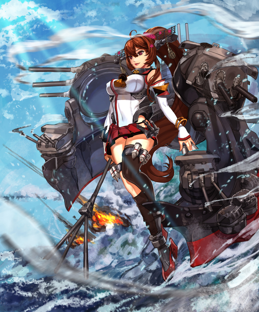 1girl absurdres black_legwear breasts brown_hair cannon clouds highres kantai_collection machinery panties pantyshot ponytail red_panties single_thighhigh tagme thigh-highs tnwjd2tkfkd turret underwear yamato_(kantai_collection)