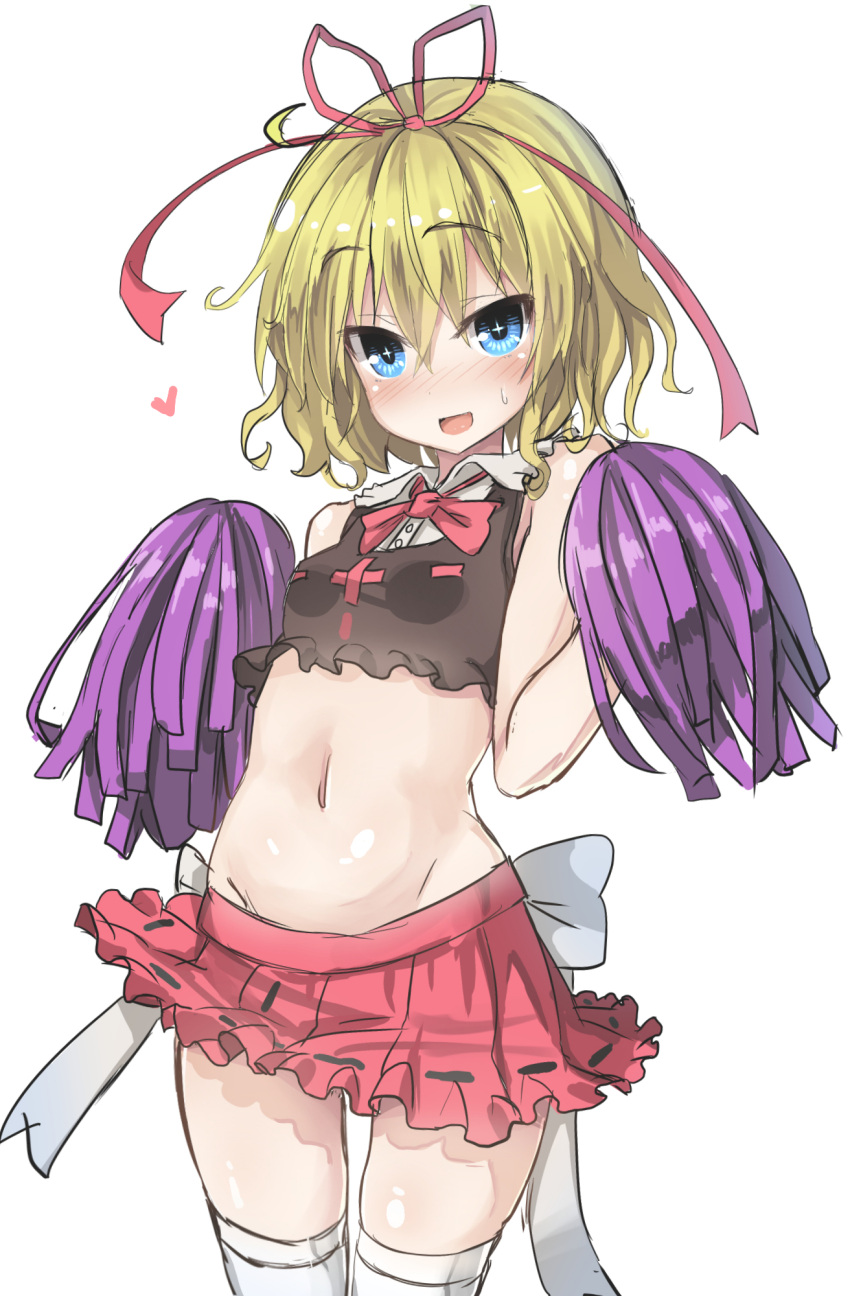 1girl 5240mosu :d bare_shoulders blonde_hair blue_eyes blush cheerleader crop_top hair_ribbon heart highres medicine_melancholy midriff mound_of_venus navel nose_blush open_mouth pom_poms ribbon short_hair simple_background skirt small_breasts smile solo sweatdrop symbol-shaped_pupils thigh-highs touhou white_background white_legwear