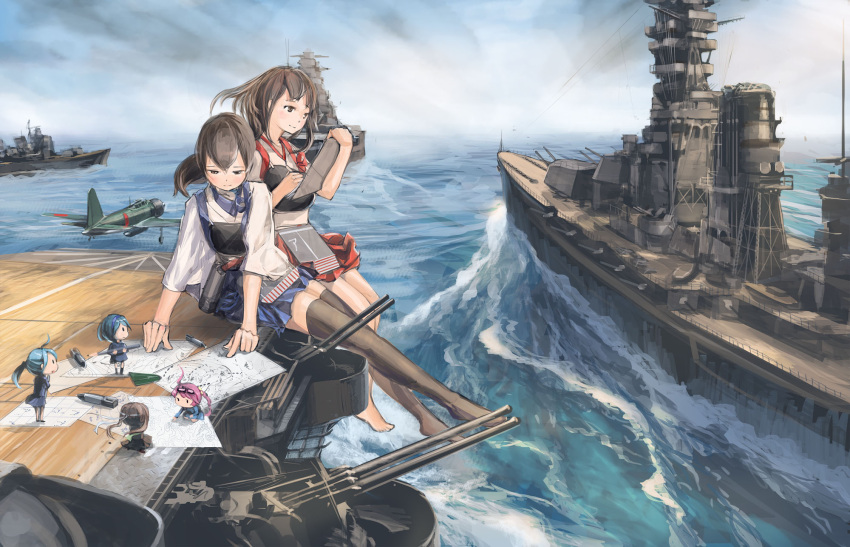 6+girls a6m_zero ahoge aircraft_carrier airplane akagi_(kantai_collection) antiaircraft_weapon barefoot battleship black_hair black_legwear blue_hair blue_sky breasts brown_eyes brown_hair cannon chibi clipboard clouds cloudy_sky damage_control_crew_(kantai_collection) damage_control_goddess_(kantai_collection) doraxi fairy_(kantai_collection) giantess hakama_skirt headband helmet_musume_(kantai_collection) highres jacket japanese_clothes kaga_(kantai_collection) kantai_collection long_hair looking_at_another looking_down maintenance_musume_(kantai_collection) map marker miniskirt multiple_girls muneate ocean outdoors paper pencil pink_hair pleated_skirt ponytail ship short_hair side_ponytail sitting skirt sky solid_oval_eyes standing thigh-highs turret twintails warship