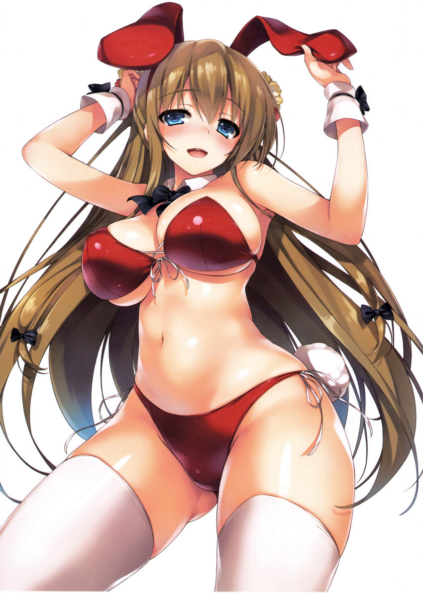 1girl :d absurdres animal_ears arms_up bikini blue_eyes blush bow breasts brown_eyes bunny_tail cleavage detached_collar fake_animal_ears flower front-tie_top hair_bow hair_flower hair_ornament hairband highres large_breasts long_hair navel open_mouth original rabbit_ears red_bikini scan side-tie_bikini simple_background smile solo swimsuit tail thigh-highs tomose_shunsaku very_long_hair white_background white_legwear wrist_cuffs