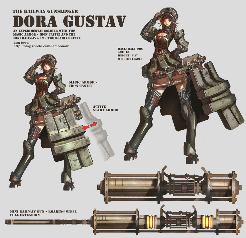 1girl absurdres breasts brown_eyes brown_hair character_sheet cleavage cleavage_cutout commentary full_body gun hat highres huge_weapon len_brew long_legs pixiv_fantasia pixiv_fantasia_t pointy_ears solo weapon