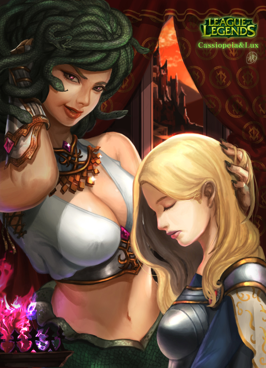 2girls absurdres adjusting_another's_hair armor blonde_hair breasts cassiopeia_du_couteau cleavage closed_eyes highres lamia league_of_legends long_hair luxanna_crownguard midriff monster_girl multiple_girls snake_hair tnwjd2tkfkd violet_eyes