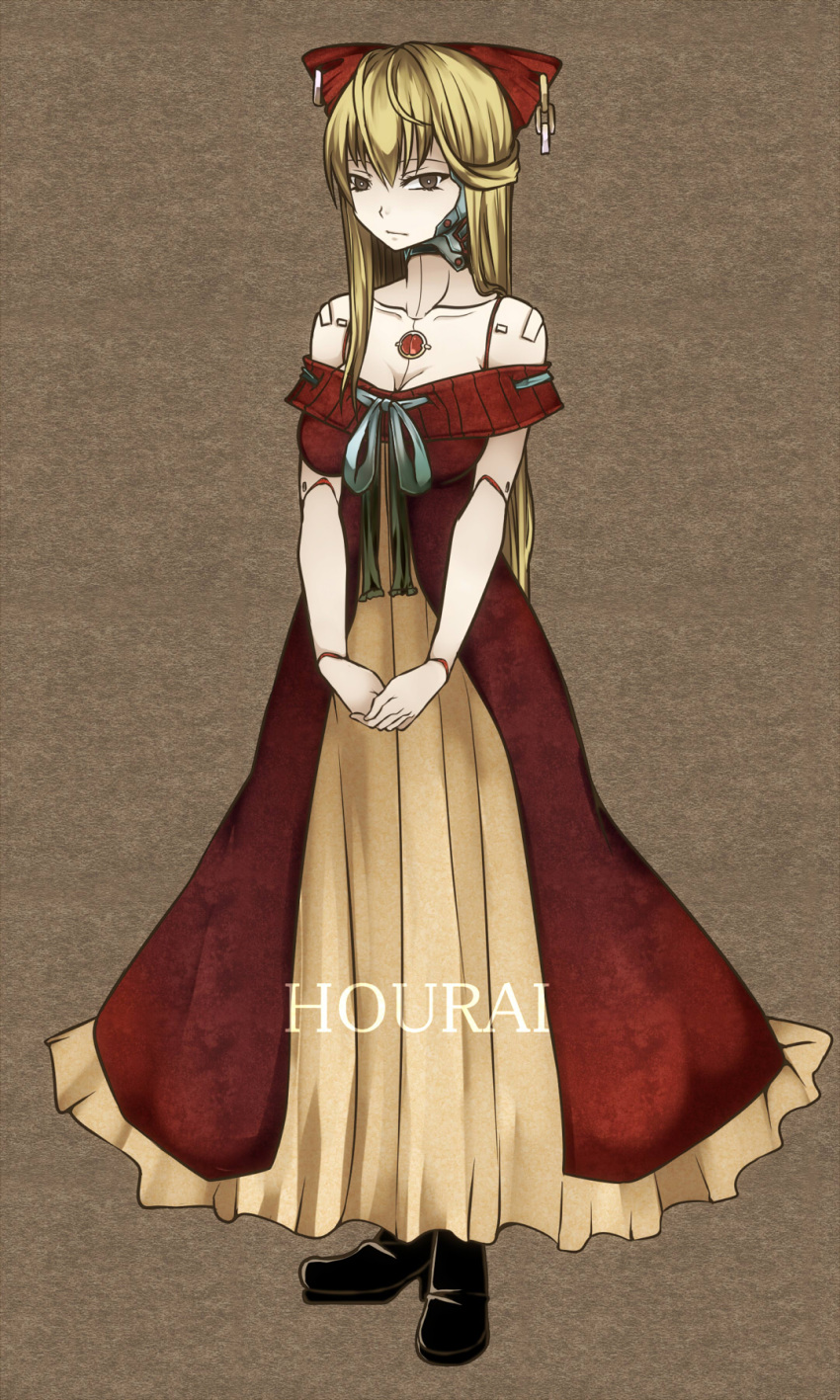 1girl aoshima blonde_hair bow breasts brown_dress chain cleavage collarbone doll_joints dress grey_eyes hair_bow highres hourai_doll large_breasts layered_dress long_hair off_shoulder red_dress solo steampunk touhou v_arms very_long_hair