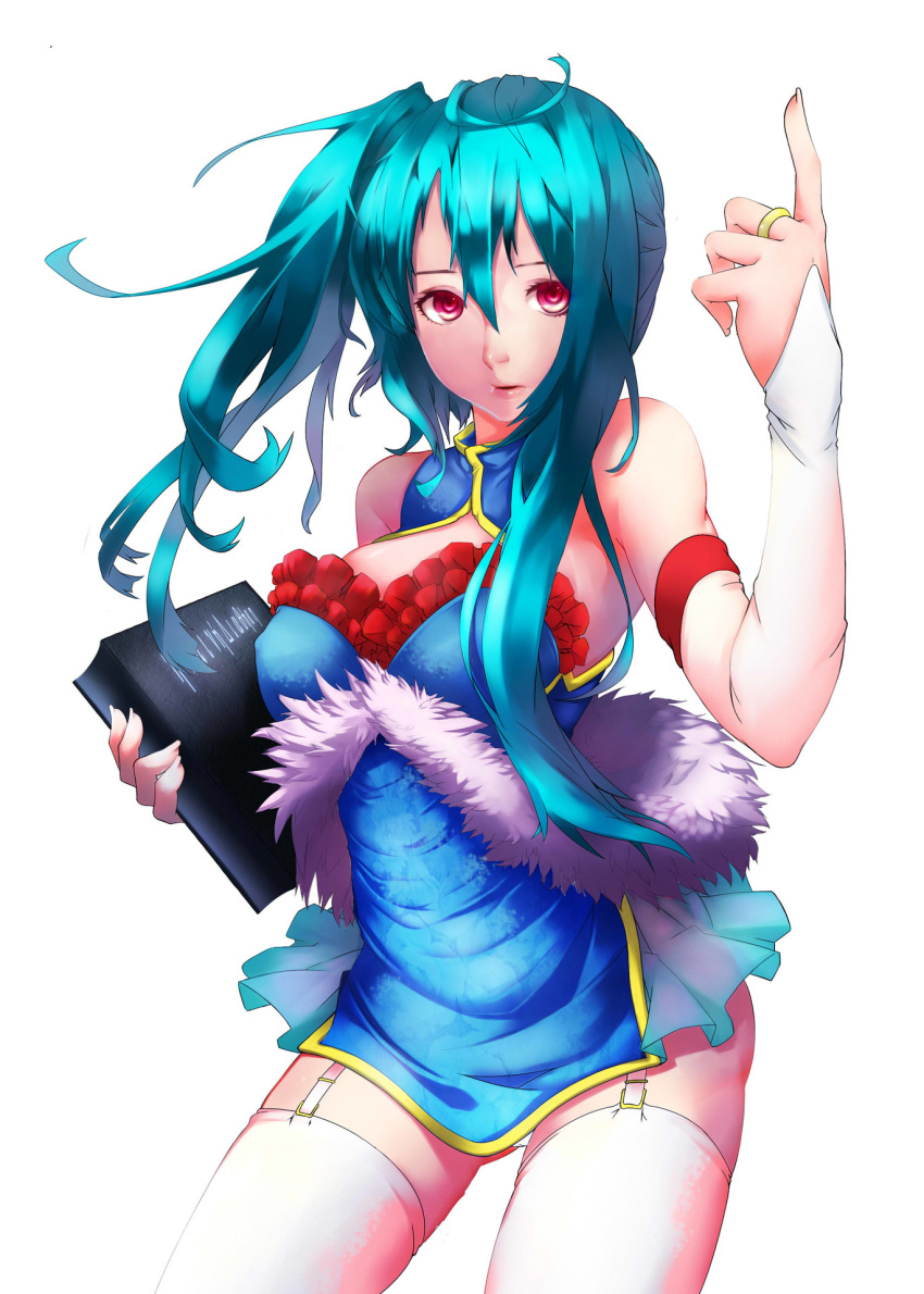 blue_hair book dress eyes garter gloves long_hair ninsaki_chen red side_tail