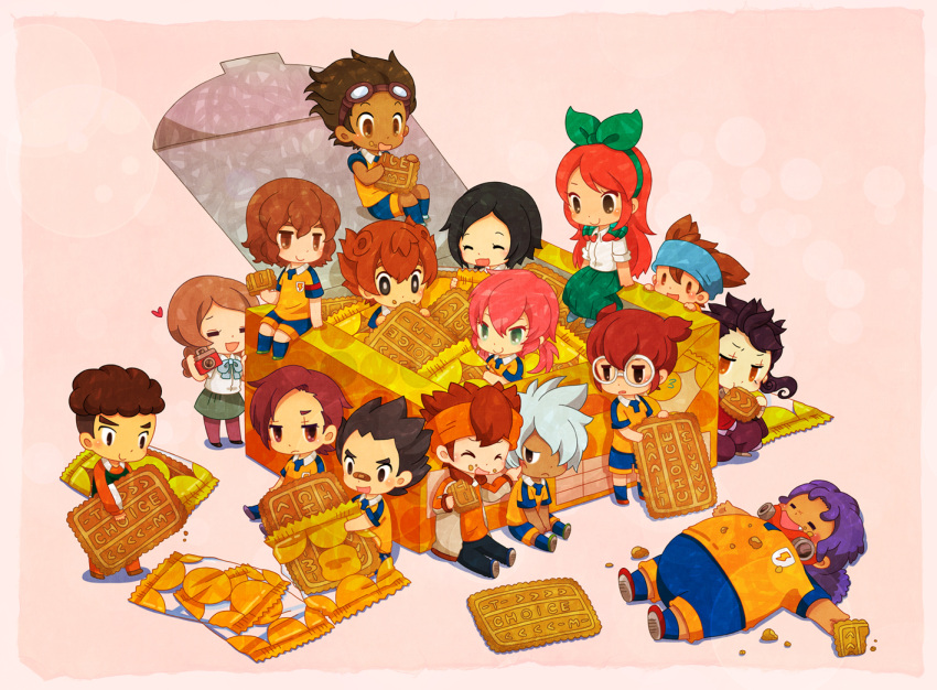 3girls 6+boys amagi_daichi armband bandaid bandaid_on_nose black_hair blue_hair blush braid brown_eyes brown_hair camera chibi choice_biscuit closed_eyes cookie eating endou_mamoru everyone fang food food_on_face frown goalkeeper goggles goggles_on_head green_eyes green_skirt hair_over_one_eye hair_ribbon hamano_kaiji hayami_tsurumasa headband heart inazuma_eleven_(series) inazuma_eleven_go jacket kirino_ranmaru kurama_norihito kurumada_gouichi lightning_bolt long_hair long_skirt lying matsukaze_tenma miniboy minigirl multiple_boys multiple_girls nishizono_shinsuke on_back open_clothes open_jacket open_mouth oversized_object pink_hair purple_hair raimon raimon_soccer_uniform redhead ribbon sangoku_taichi seto_midori shindou_takuto short_hair sitting skirt smile soccer_uniform sorano_aoi sportswear standing tsurugi_kyousuke twin_braids twintails uppi yamana_akane