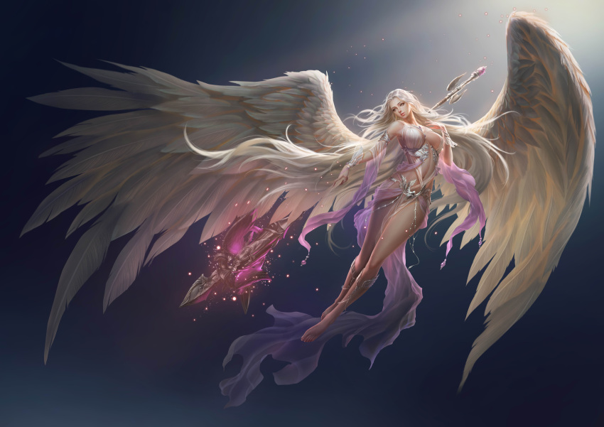 1girl absurdres amber_eyes angel angel_wings artist_request breasts highres league_of_angels long_hair polearm see-through silver_hair solo spear weapon wings